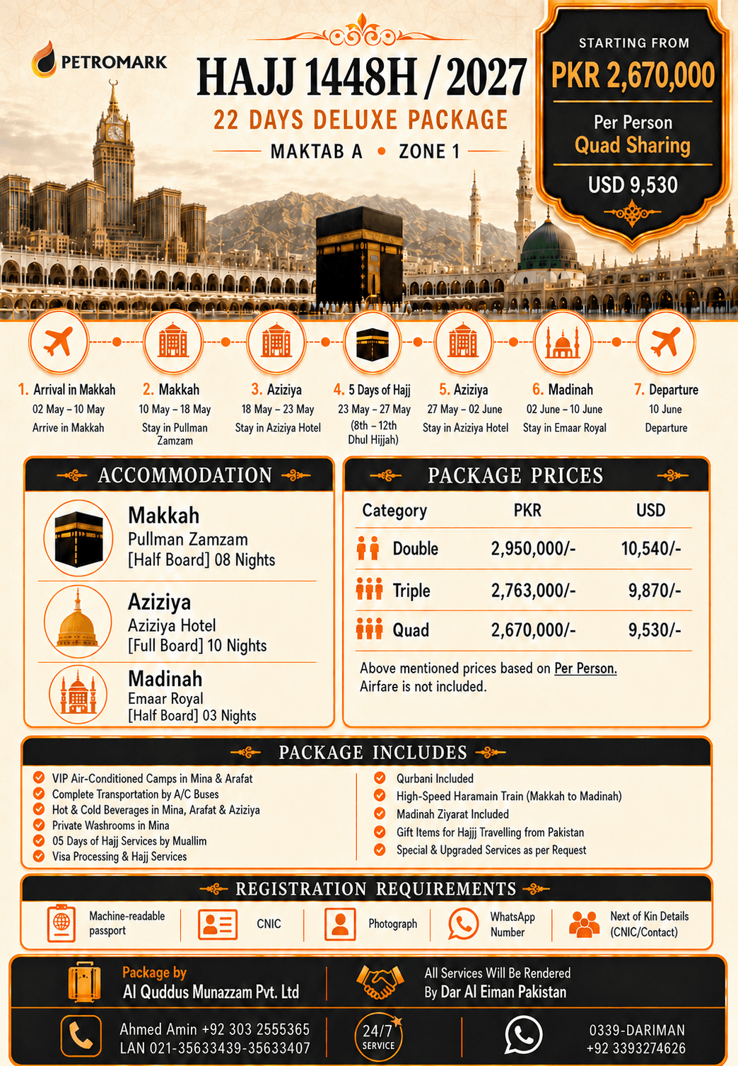 Maktab A 22 Days Deluxe Hajj 2027 package with Pullman Zamzam, Aziziya Hotel, and Emaar Royal