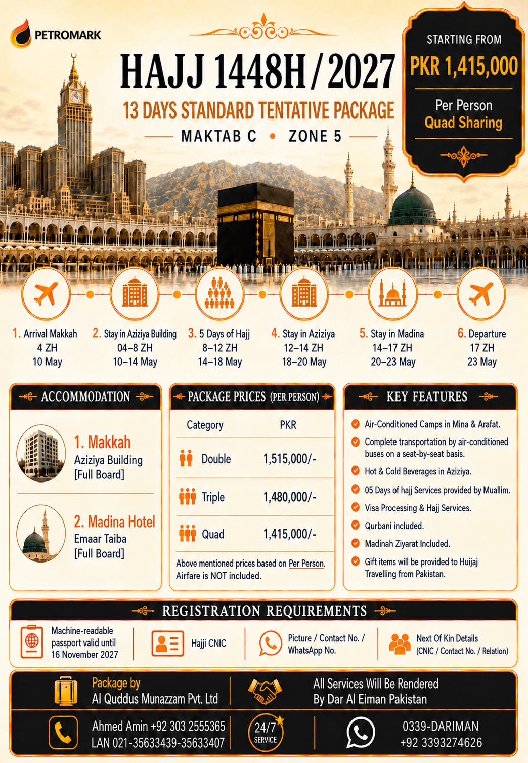 Maktab C 13 Days Standard Hajj 2027 package with Aziziya Building and Emaar Taiba