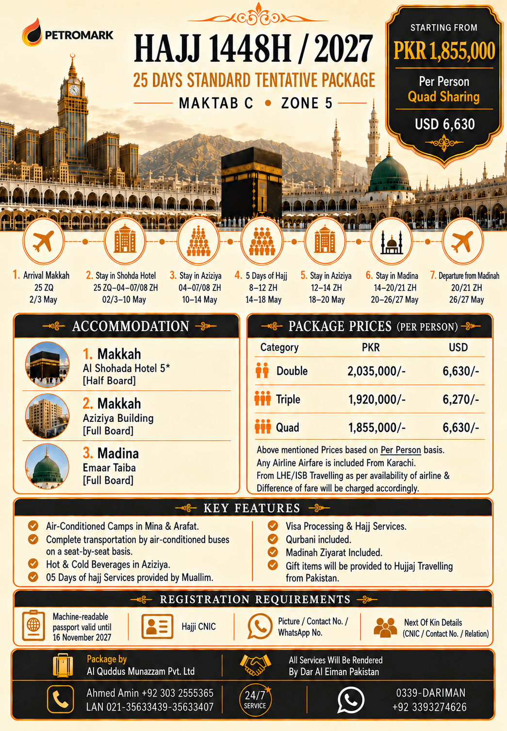 Maktab C 25 Days Standard Hajj 2027 package with Al Shohada Hotel, Aziziya Building, and Emaar Taiba